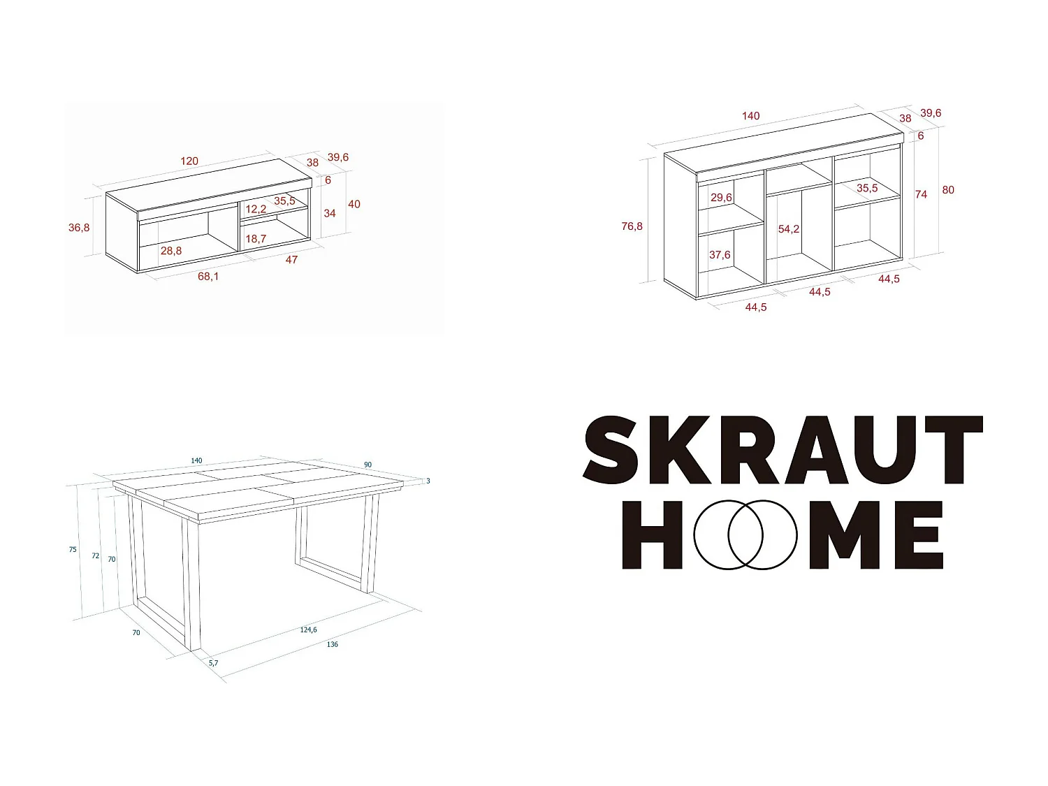 Woonkamermeubelset, Tafel 140 Tafelpoten U 6 gasten, TV Kast 120, Sideboard / Buffetkast 140, Eiken en Zwart, Industriële stijl