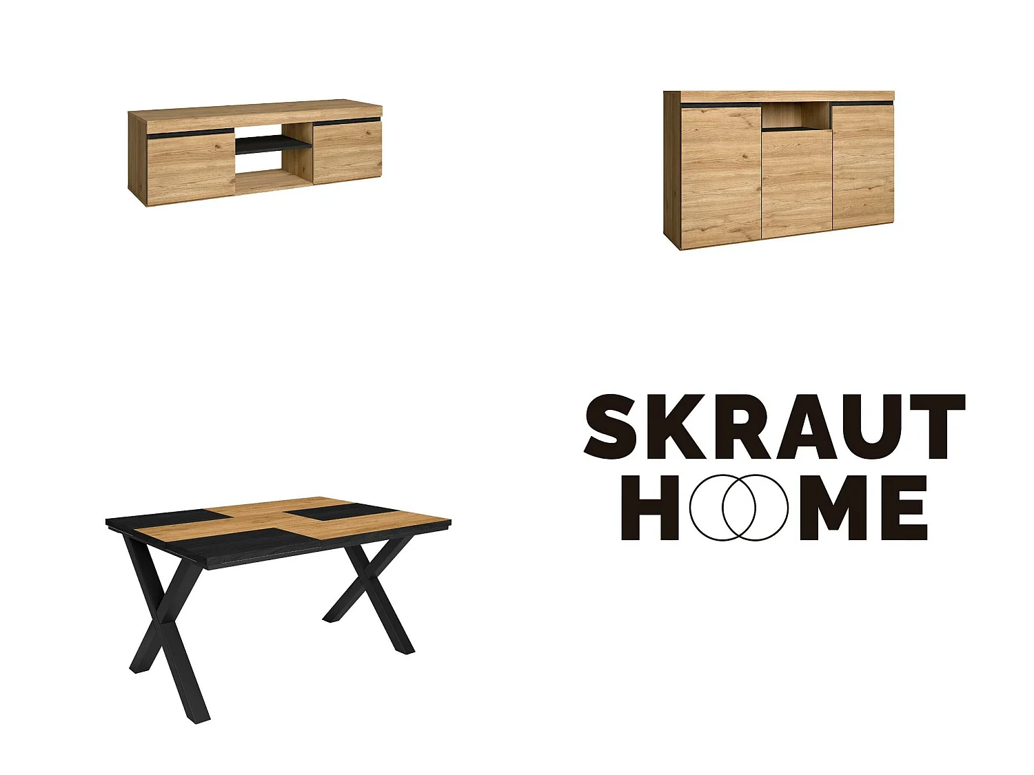 Woonkamermeubelset, Tafel 140 Bicolour Tafelpoten X 6 gasten, TV Kast 140, Sideboard / Buffetkast 140, Eiken en Zwart, Industriële