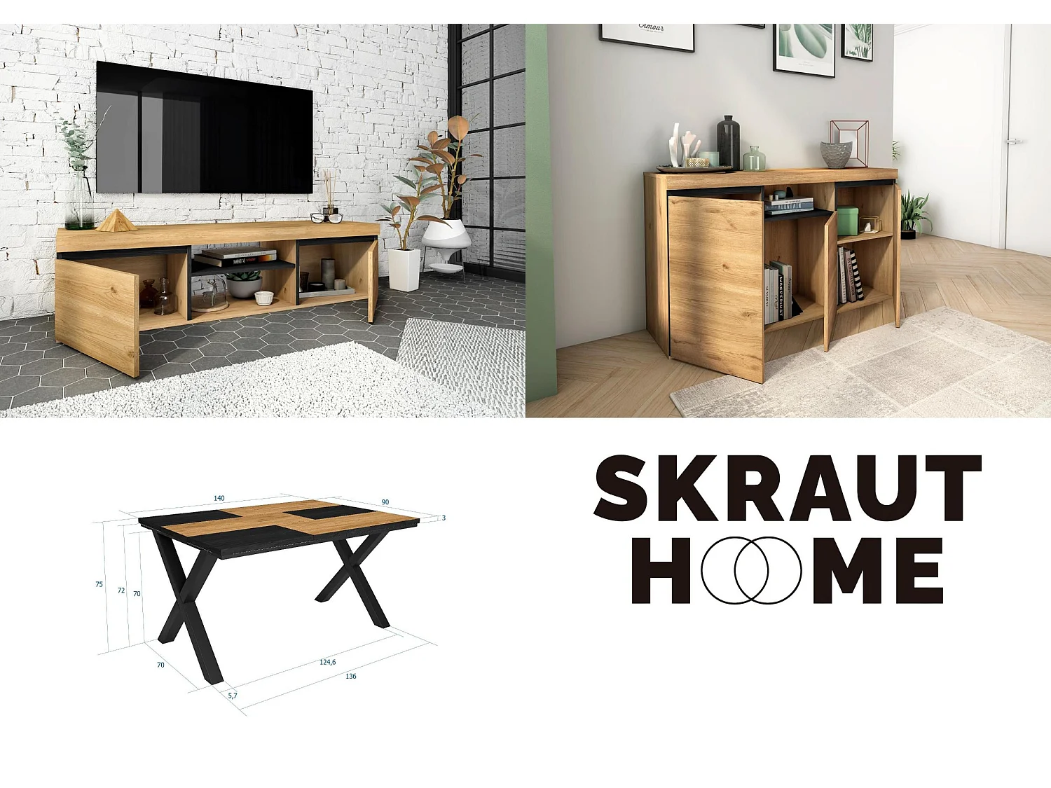 Woonkamermeubelset, Tafel 140 Bicolour Tafelpoten X 6 gasten, TV Kast 140, Sideboard / Buffetkast 140, Eiken en Zwart, Industriële