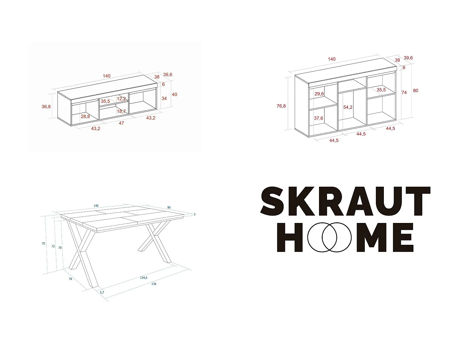 Woonkamermeubelset, Tafel 140 Bicolour Tafelpoten X 6 gasten, TV Kast 140, Sideboard / Buffetkast 140, Eiken en Zwart, Industriële