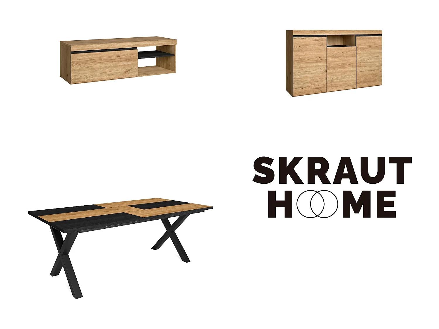 Ensemble de meubles de salon, Table 200 Bicolore pieds X 10 convives, Meuble TV 120, Crédence / Buffet 140, Chêne, Noir, industriel