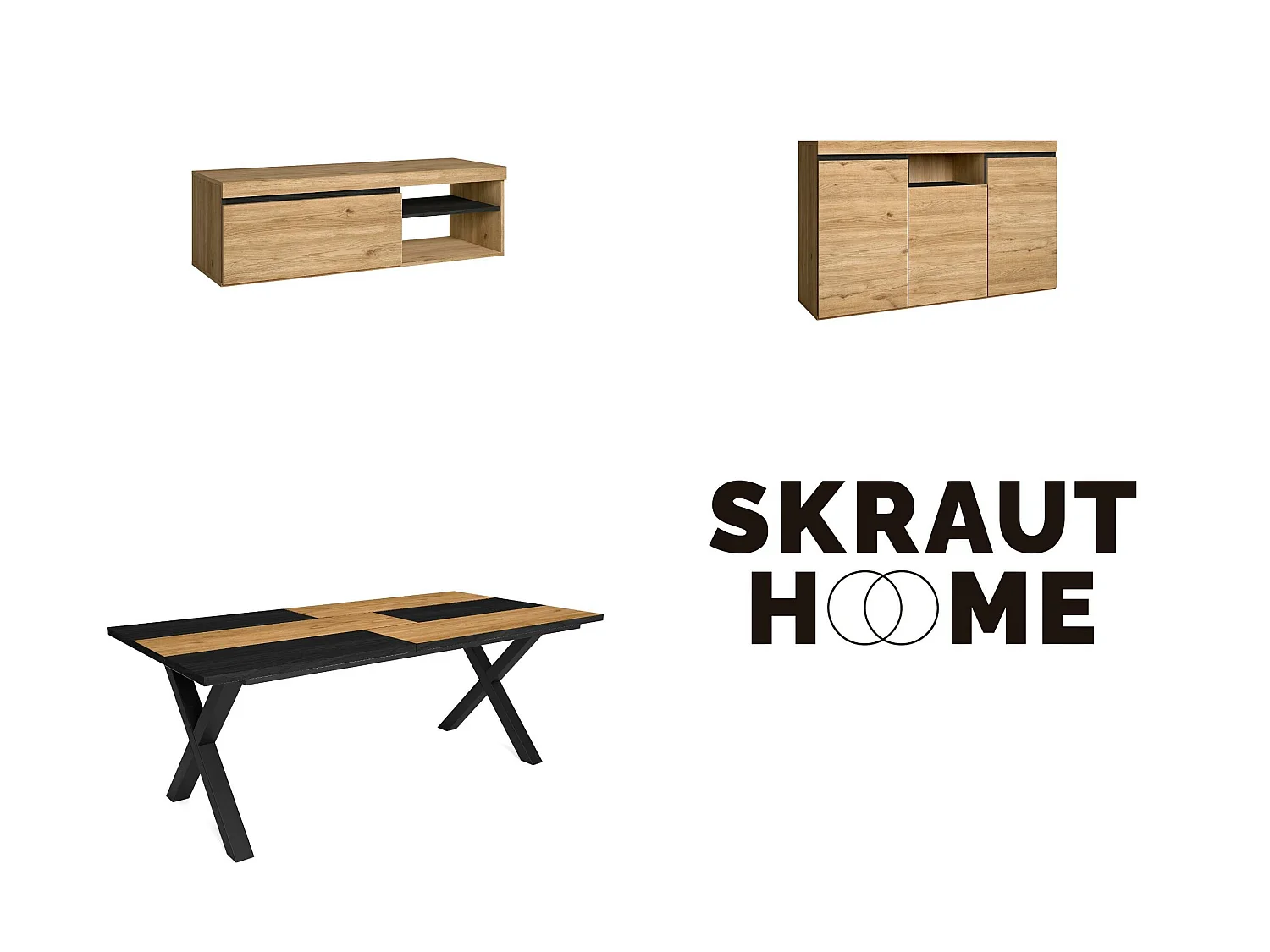 Woonkamermeubelset, Tafel 200 Bicolore Tafelpoten X 10 gasten, TV Kast 120, Sideboard / Buffetkast 140, Eiken en Zwart, Industriële