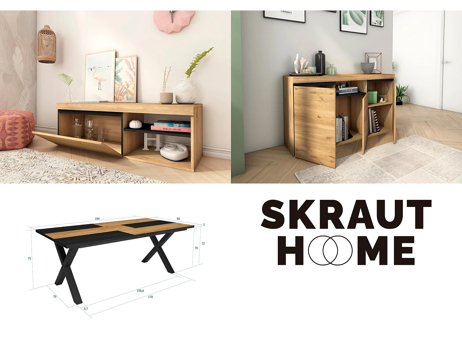 Ensemble de meubles de salon, Table 200 Bicolore pieds X 10 convives, Meuble TV 120, Crédence / Buffet 140, Chêne, Noir, industriel