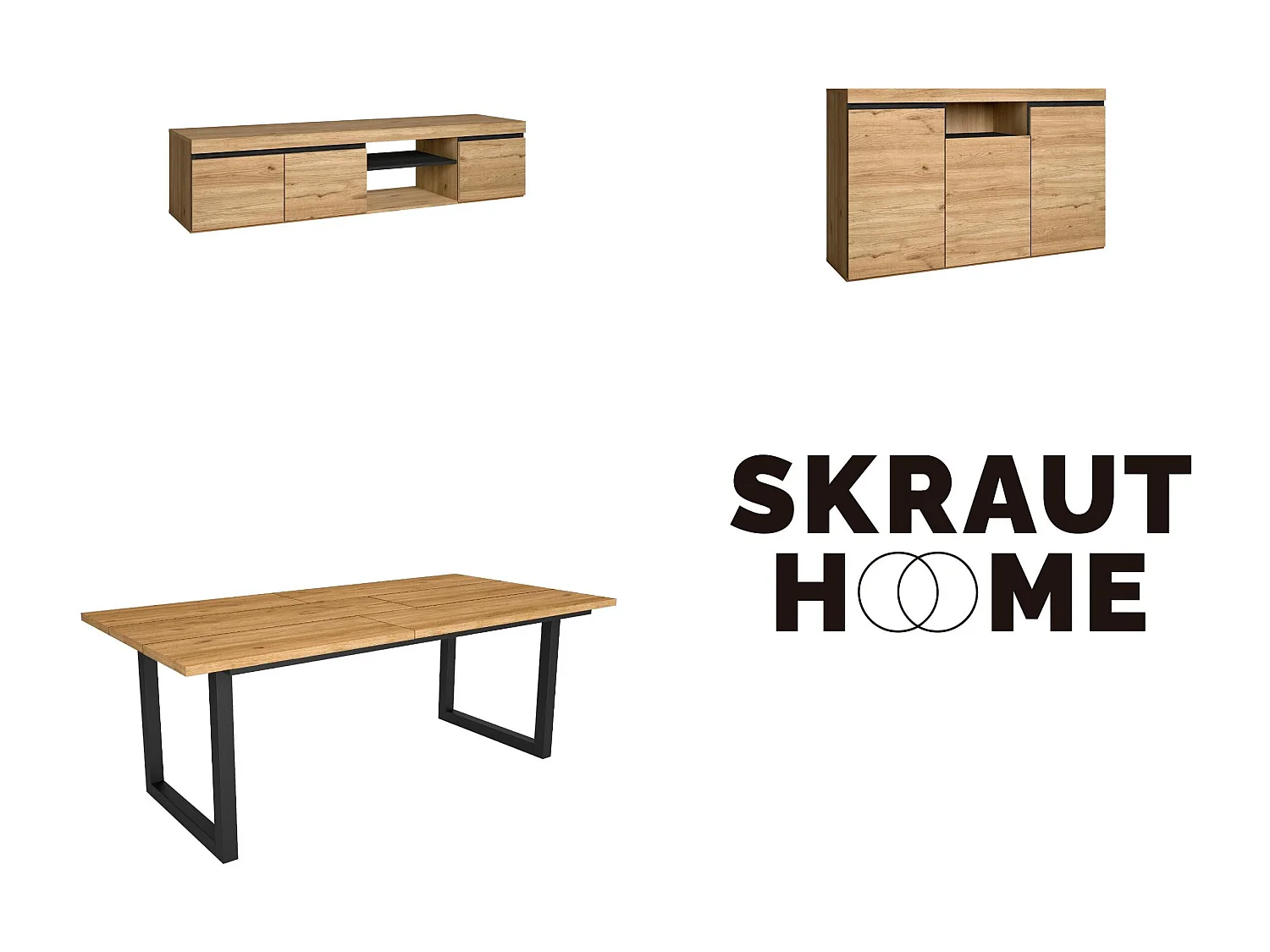 Woonkamermeubelset, Tafel 200 Tafelpoten U 10 gasten, TV Kast 160, Sideboard / Buffetkast 140, Eiken en Zwart, Industriële stijl