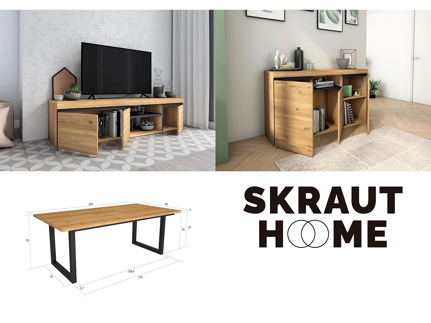 Woonkamermeubelset, Tafel 200 Tafelpoten U 10 gasten, TV Kast 160, Sideboard / Buffetkast 140, Eiken en Zwart, Industriële stijl