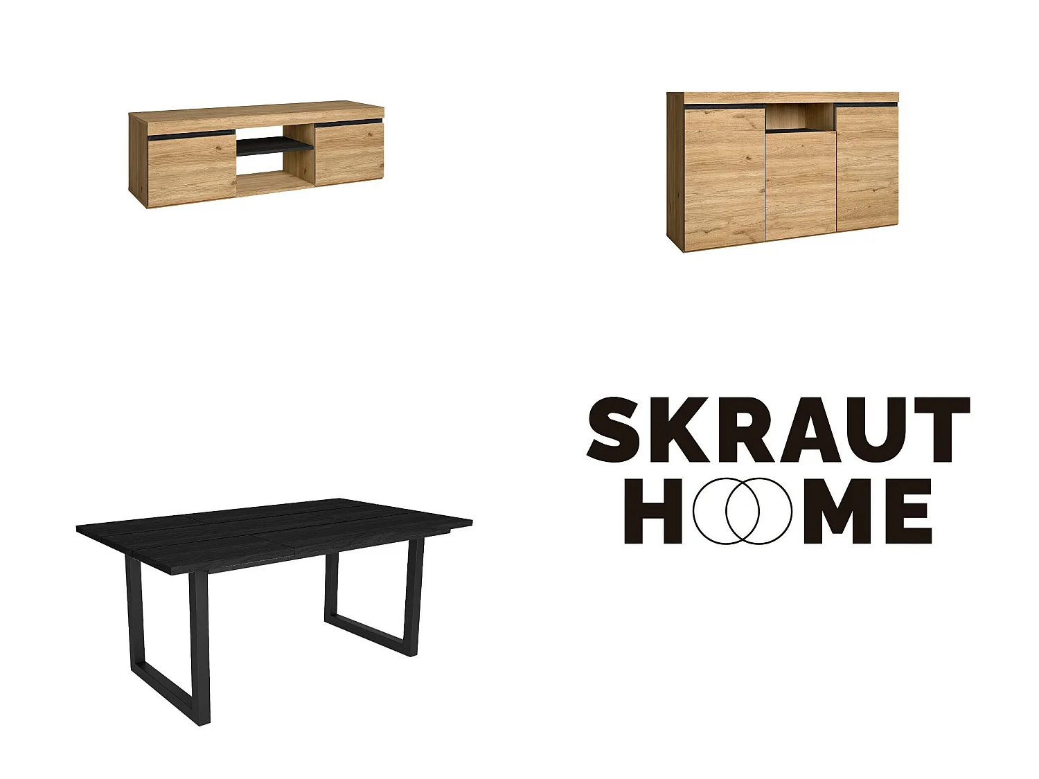 Set di mobili per il soggiorno, Tavolo 170 Nera piedi U 8 commensali, Mobile TV140, Madia / Credenza 140, Rovere, nero, Industriale