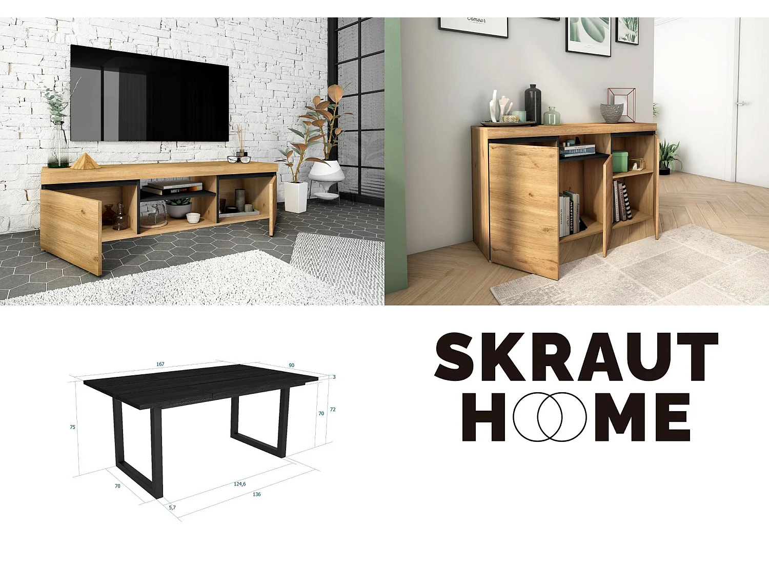 Set di mobili per il soggiorno, Tavolo 170 Nera piedi U 8 commensali, Mobile TV140, Madia / Credenza 140, Rovere, nero, Industriale