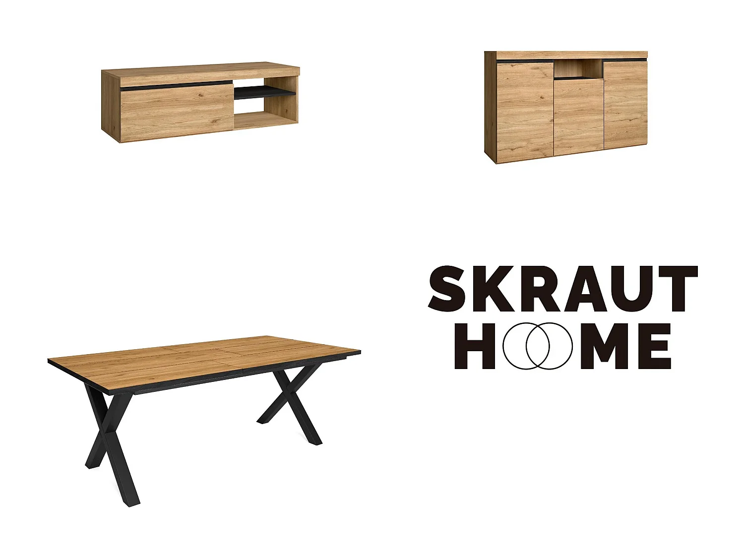 Ensemble de meubles de salon, Table 200 Front Noir pieds X 10 convives, Meuble TV120, Crédence / Buff, 140, Chêne ,Noir, Industriel