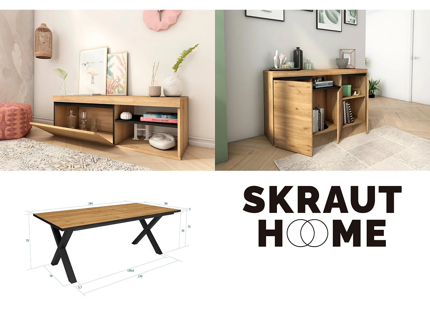 Ensemble de meubles de salon, Table 200 Front Noir pieds X 10 convives, Meuble TV120, Crédence / Buff, 140, Chêne ,Noir, Industriel