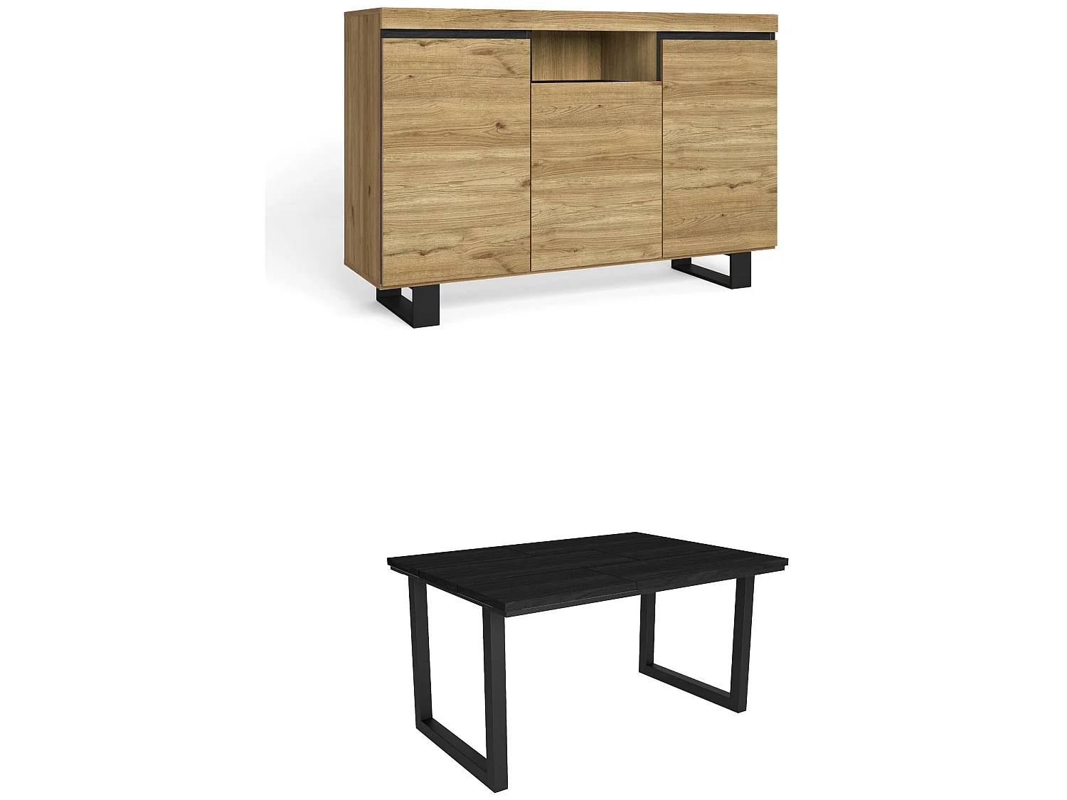 Conjunto de mobiliário para sala de estar, Mesa 140 preta pés U 6 pessoas, Aparador / Buffet 140 Tall, Carvalho e preto, Industrial