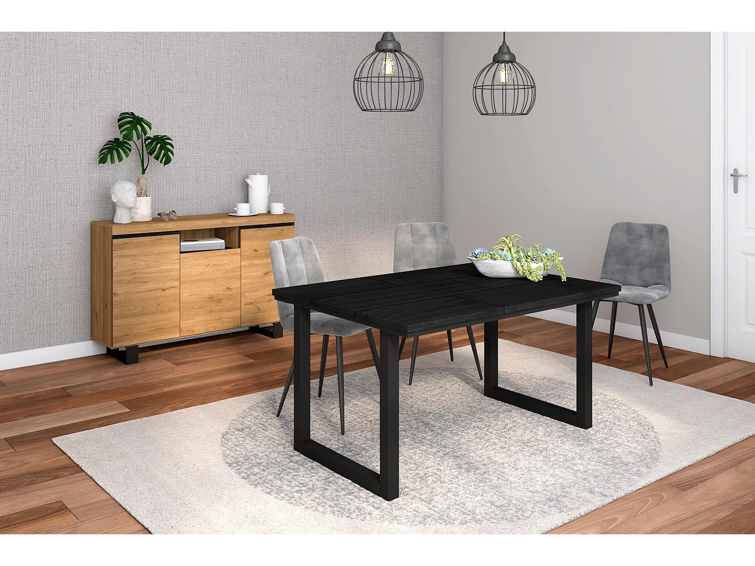 Conjunto de mobiliário para sala de estar, Mesa 140 preta pés U 6 pessoas, Aparador / Buffet 140 Tall, Carvalho e preto, Industrial