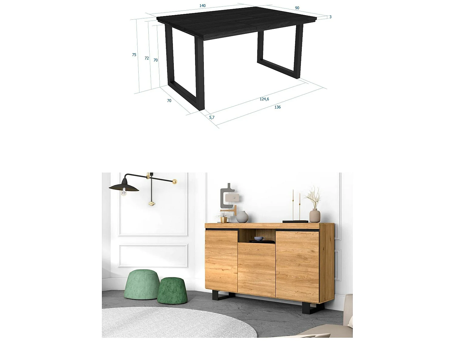 Conjunto de mobiliário para sala de estar, Mesa 140 preta pés U 6 pessoas, Aparador / Buffet 140 Tall, Carvalho e preto, Industrial