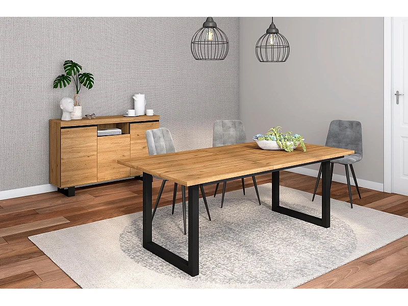 Ensemble de meubles de salon, Table 200 pieds U 10 convives, Crédence / Buffet 140 Tall, Chêne et Noir, Style Industriel