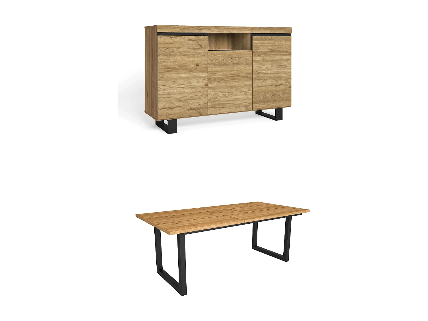 Ensemble de meubles de salon, Table 200 pieds U 10 convives, Crédence / Buffet 140 Tall, Chêne et Noir, Style Industriel