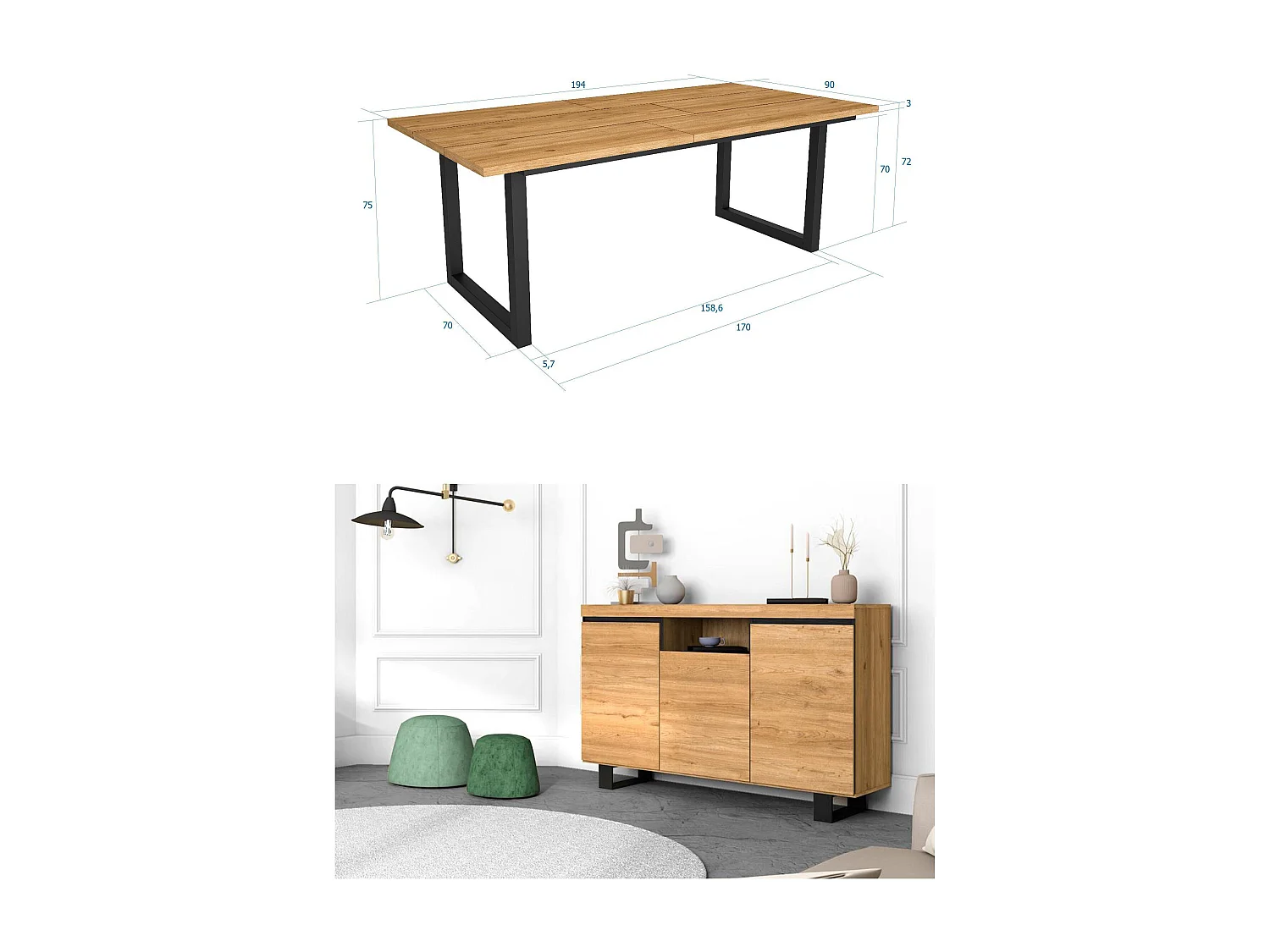 Ensemble de meubles de salon, Table 200 pieds U 10 convives, Crédence / Buffet 140 Tall, Chêne et Noir, Style Industriel