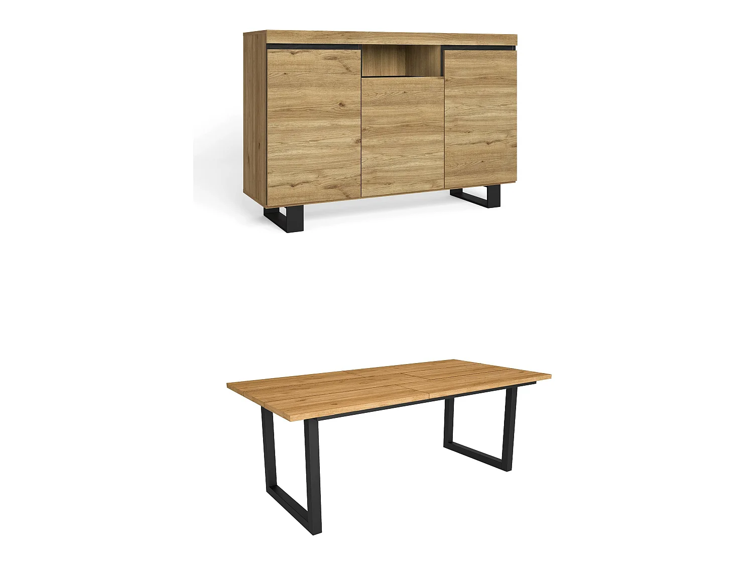 Ensemble de meubles de salon, Table 200 pieds U 10 convives, Crédence / Buffet 140 Tall, Chêne et Noir, Style Industriel