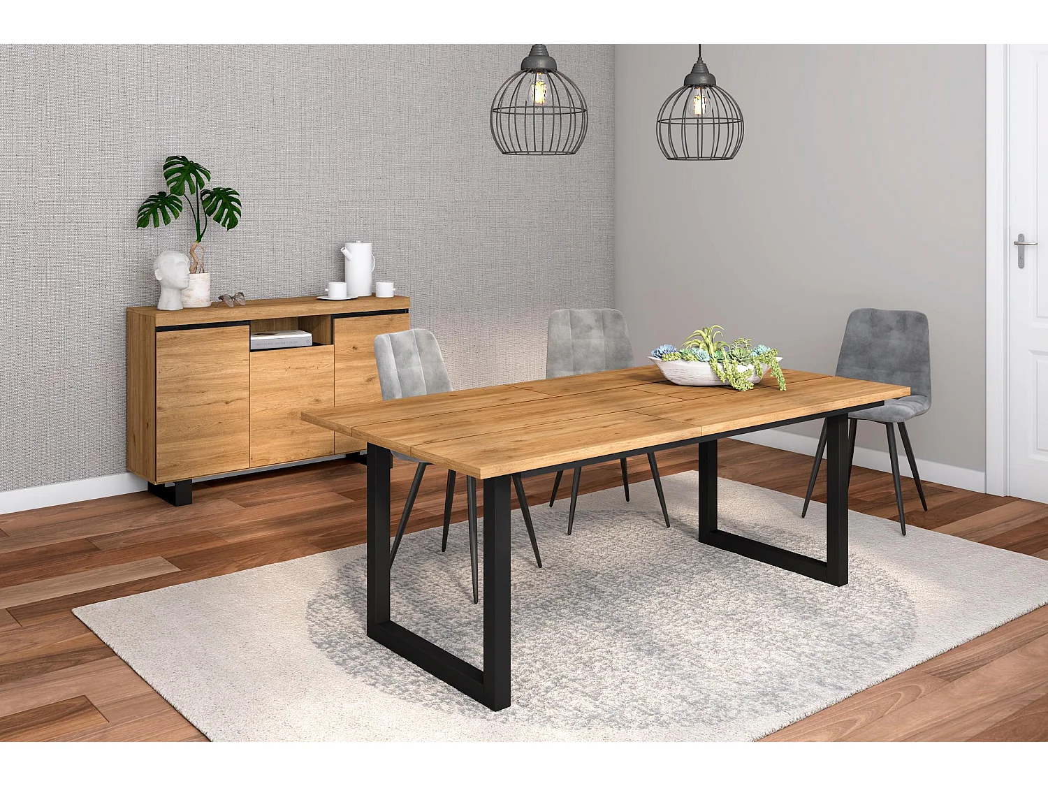 Woonkamermeubelset, Tafel 200 Tafelpoten U 10 gasten, Sideboard / Buffetkast 140 Tall, Eiken en Zwart, Industriële stijl