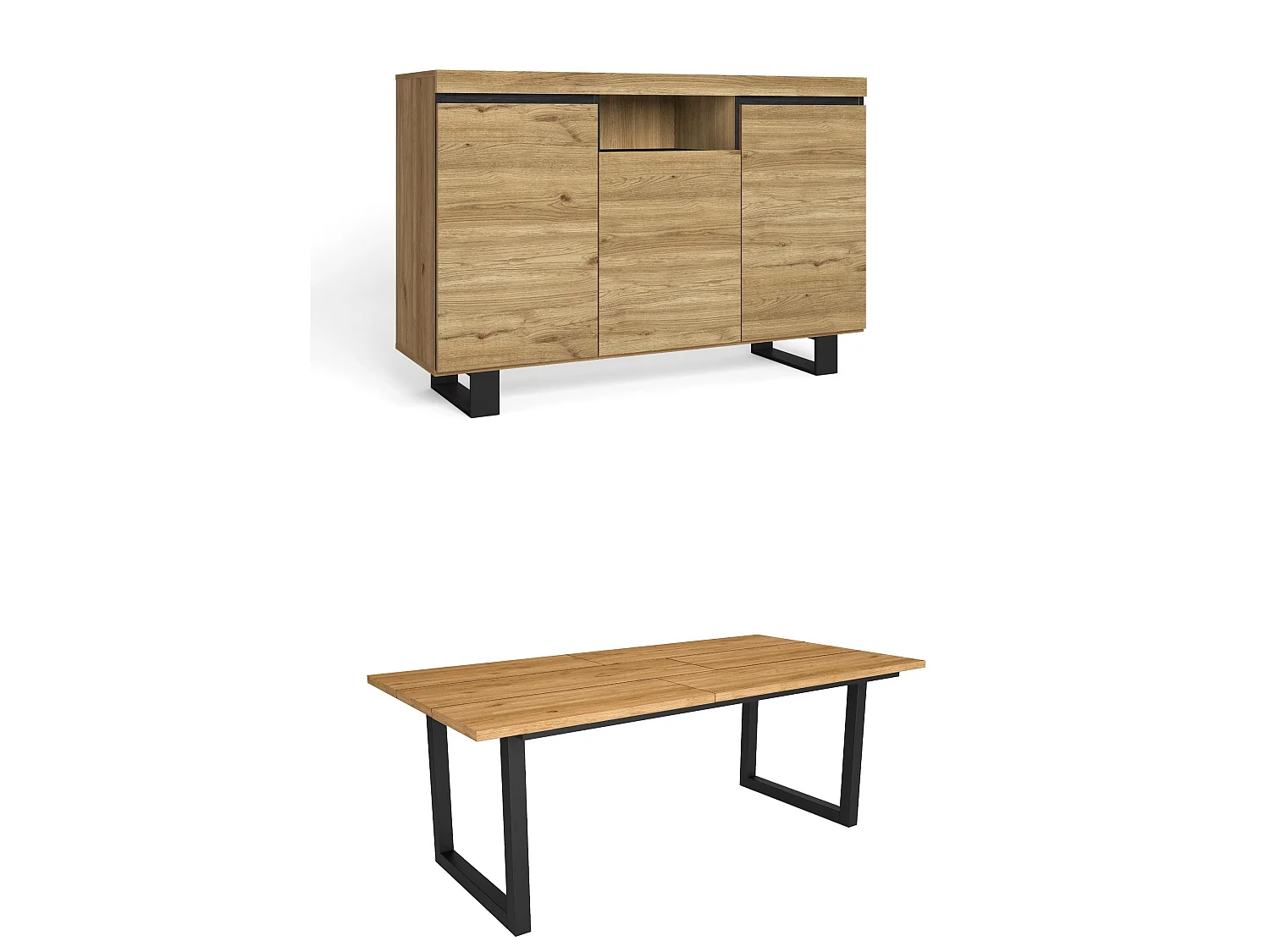 Woonkamermeubelset, Tafel 200 Tafelpoten U 10 gasten, Sideboard / Buffetkast 140 Tall, Eiken en Zwart, Industriële stijl