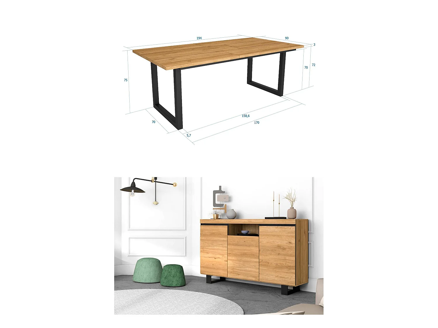 Woonkamermeubelset, Tafel 200 Tafelpoten U 10 gasten, Sideboard / Buffetkast 140 Tall, Eiken en Zwart, Industriële stijl