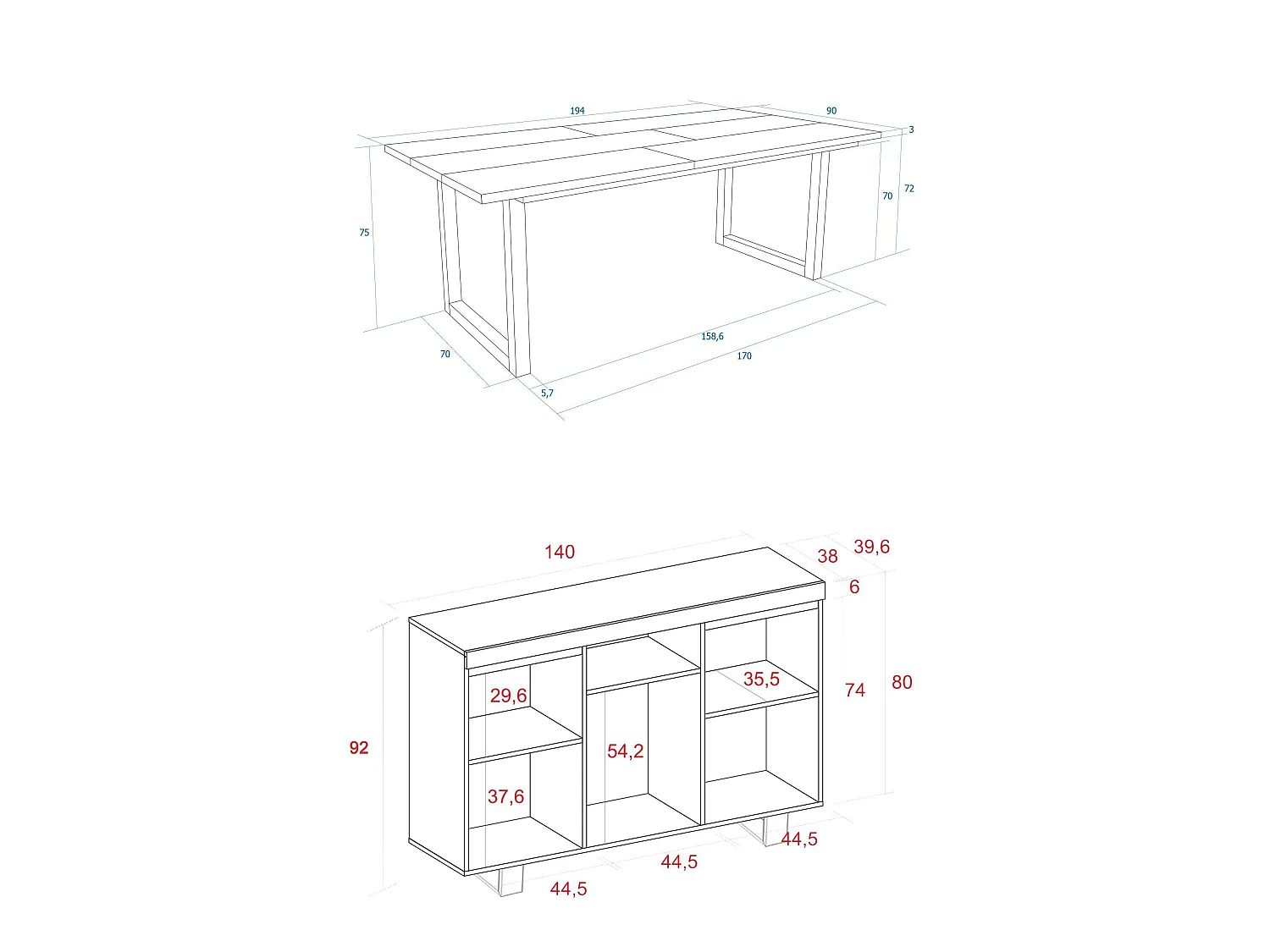 Woonkamermeubelset, Tafel 200 Tafelpoten U 10 gasten, Sideboard / Buffetkast 140 Tall, Eiken en Zwart, Industriële stijl