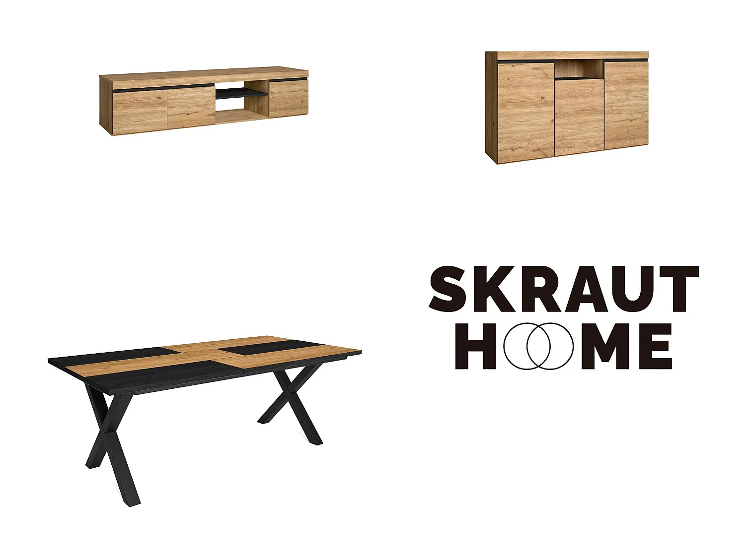 Woonkamermeubelset, Tafel 200 Bicolour Tafelpoten X 10 gasten, TV Kast 160, Sideboard / Buffetkast 140, Eiken en Zwart, Industriële