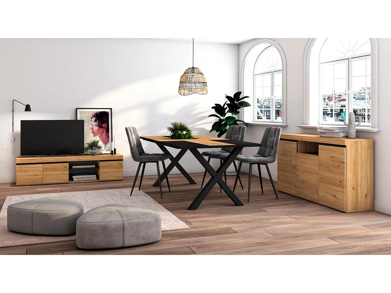 Ensemble de meubles de salon, Table 200 Bicolore pieds X 10 convives, Meuble TV 160, Crédence / Buffet 140, Chêne, Noir, Industriel