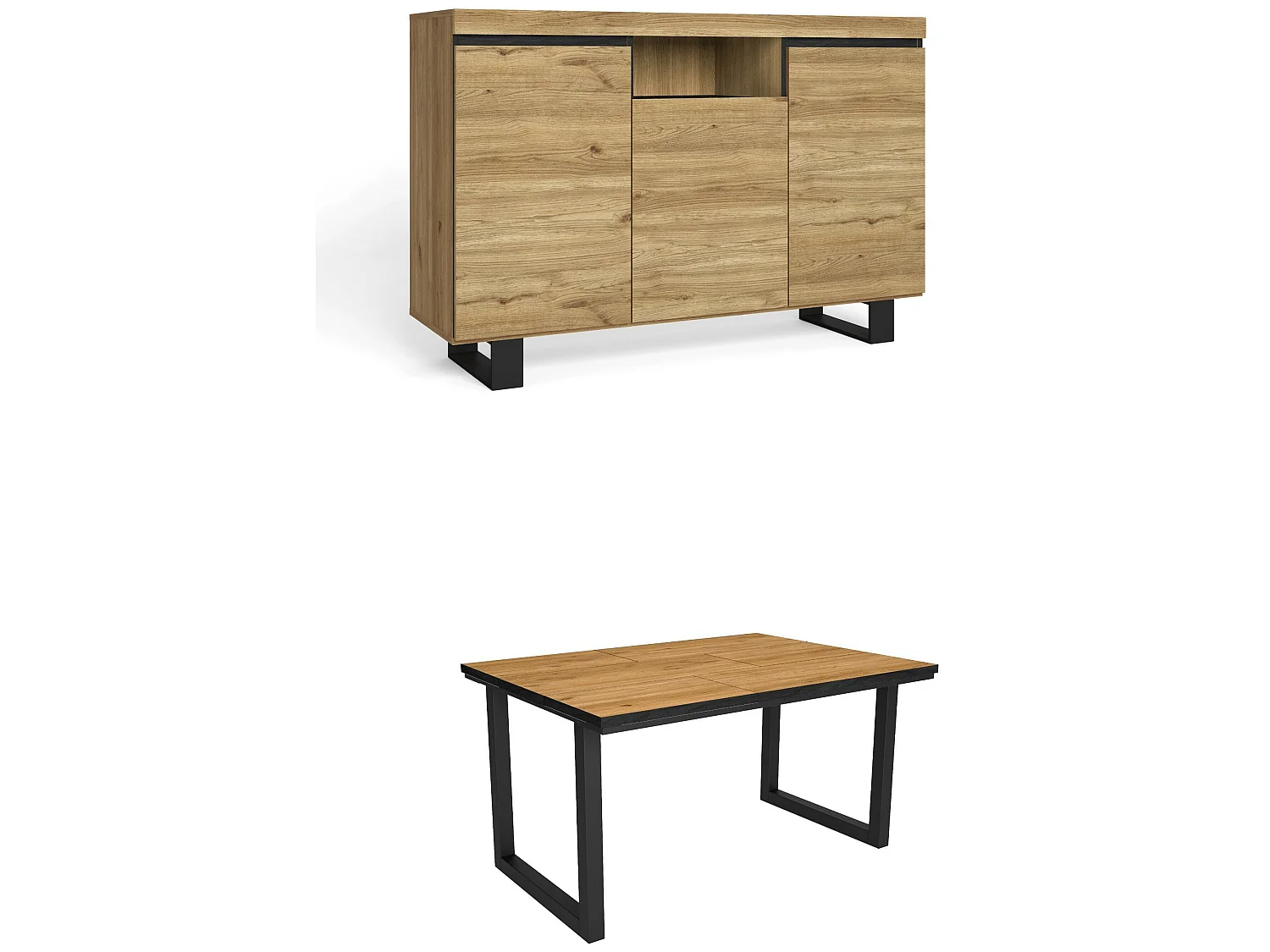 Conjunto de mobiliário para sala de estar, Mesa 140 Borda preta pés U 6 pessoas, Aparador / Buffet 140 Tall, Carvalho e Preto