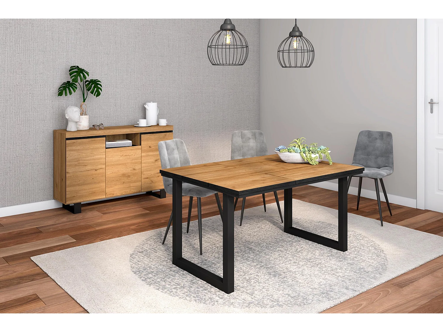 Conjunto de mobiliário para sala de estar, Mesa 140 Borda preta pés U 6 pessoas, Aparador / Buffet 140 Tall, Carvalho e Preto