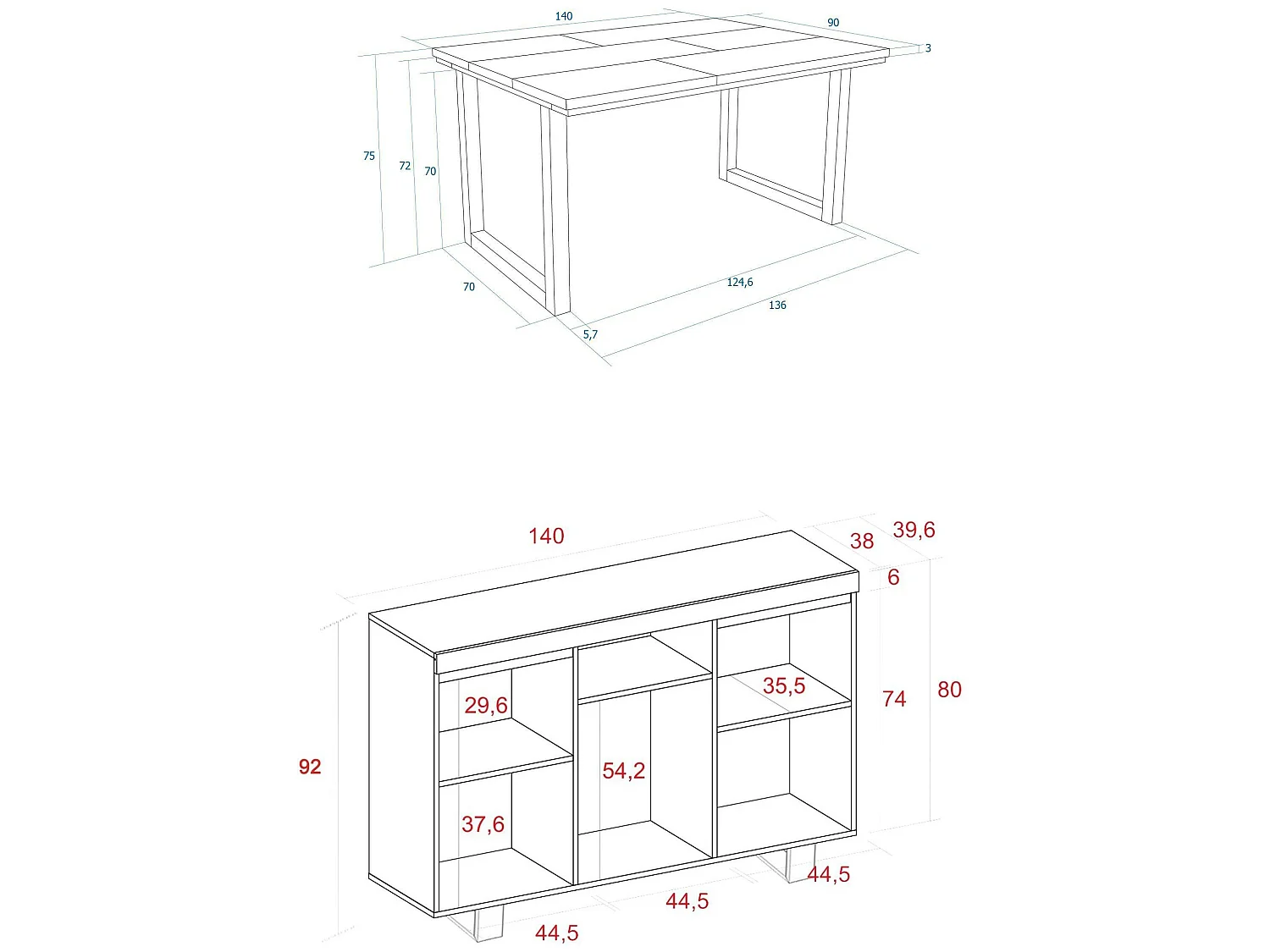 Conjunto de mobiliário para sala de estar, Mesa 140 Borda preta pés U 6 pessoas, Aparador / Buffet 140 Tall, Carvalho e Preto