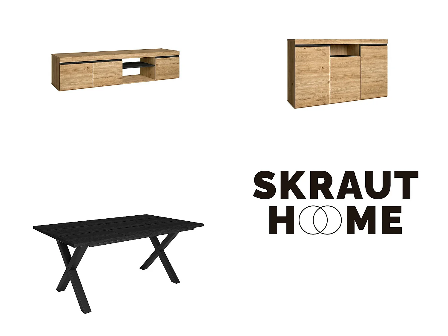 Conjunto muebles salon, Mesa 170 Negro patas X 8 comensales, Mueble TV 160, Aparador / Buffet 140, Roble y Negro, Estilo Industrial