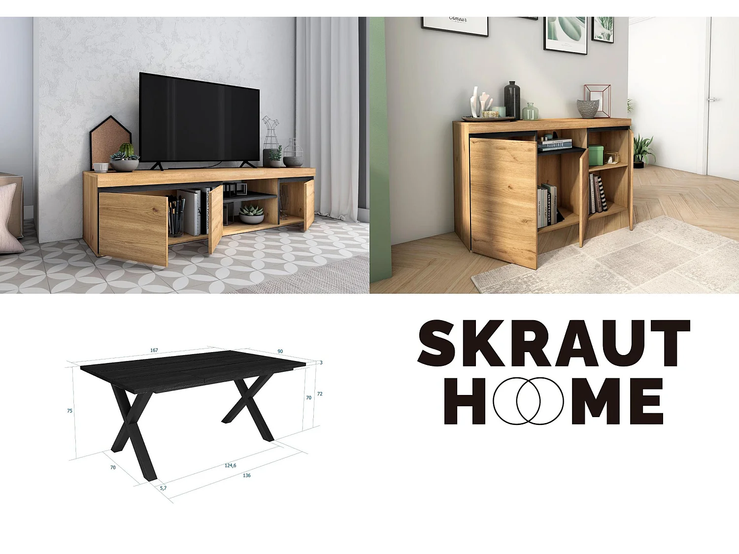 Conjunto muebles salon, Mesa 170 Negro patas X 8 comensales, Mueble TV 160, Aparador / Buffet 140, Roble y Negro, Estilo Industrial