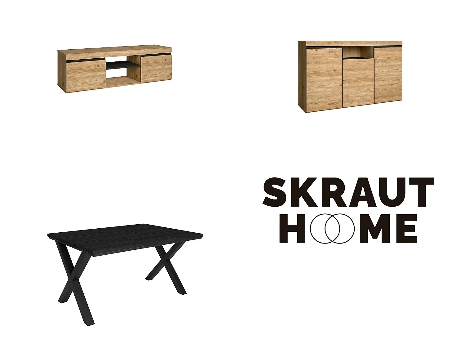 Woonkamermeubelset, Tafel 140 Zwarte Tafelpoten X 6 gasten, TV Kast 140, Sideboard / Buffetkast 140, Eiken en Zwart, Industriële