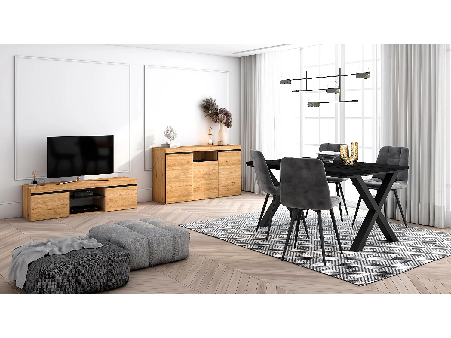 Woonkamermeubelset, Tafel 140 Zwarte Tafelpoten X 6 gasten, TV Kast 140, Sideboard / Buffetkast 140, Eiken en Zwart, Industriële