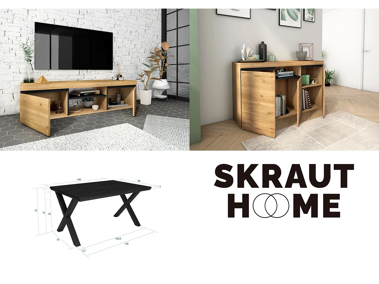 Woonkamermeubelset, Tafel 140 Zwarte Tafelpoten X 6 gasten, TV Kast 140, Sideboard / Buffetkast 140, Eiken en Zwart, Industriële
