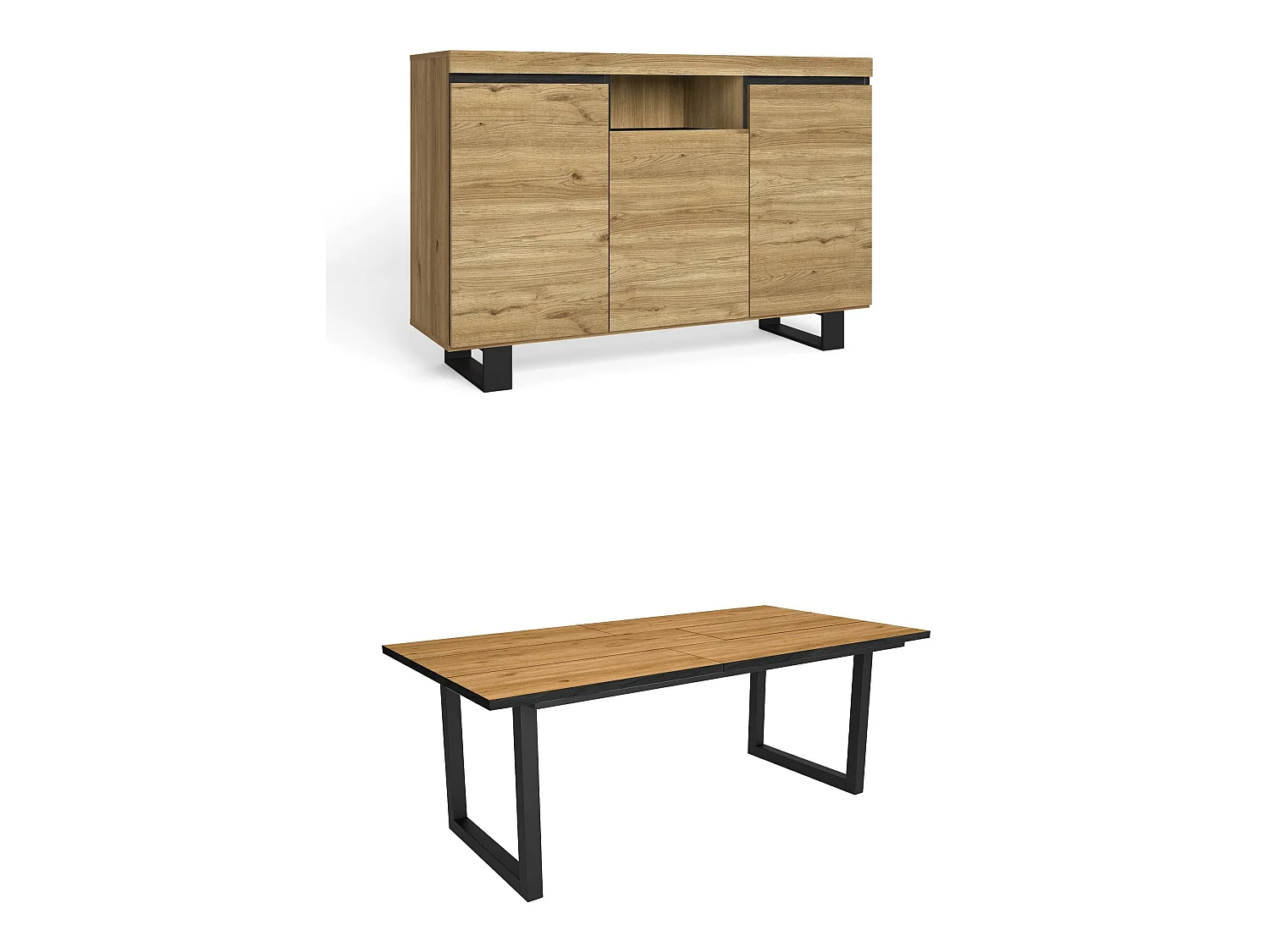Woonkamermeubelset, Tafel 200 Front Zwart Tafelpoten U 10 gasten, Sideboard / Buffetkast 140 Tall, Eiken en Zwart, Industriële stijl
