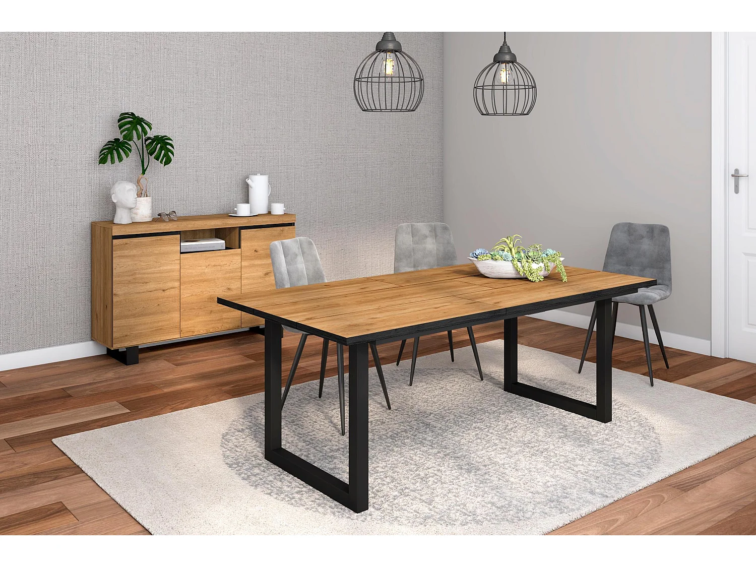 Woonkamermeubelset, Tafel 200 Front Zwart Tafelpoten U 10 gasten, Sideboard / Buffetkast 140 Tall, Eiken en Zwart, Industriële stijl
