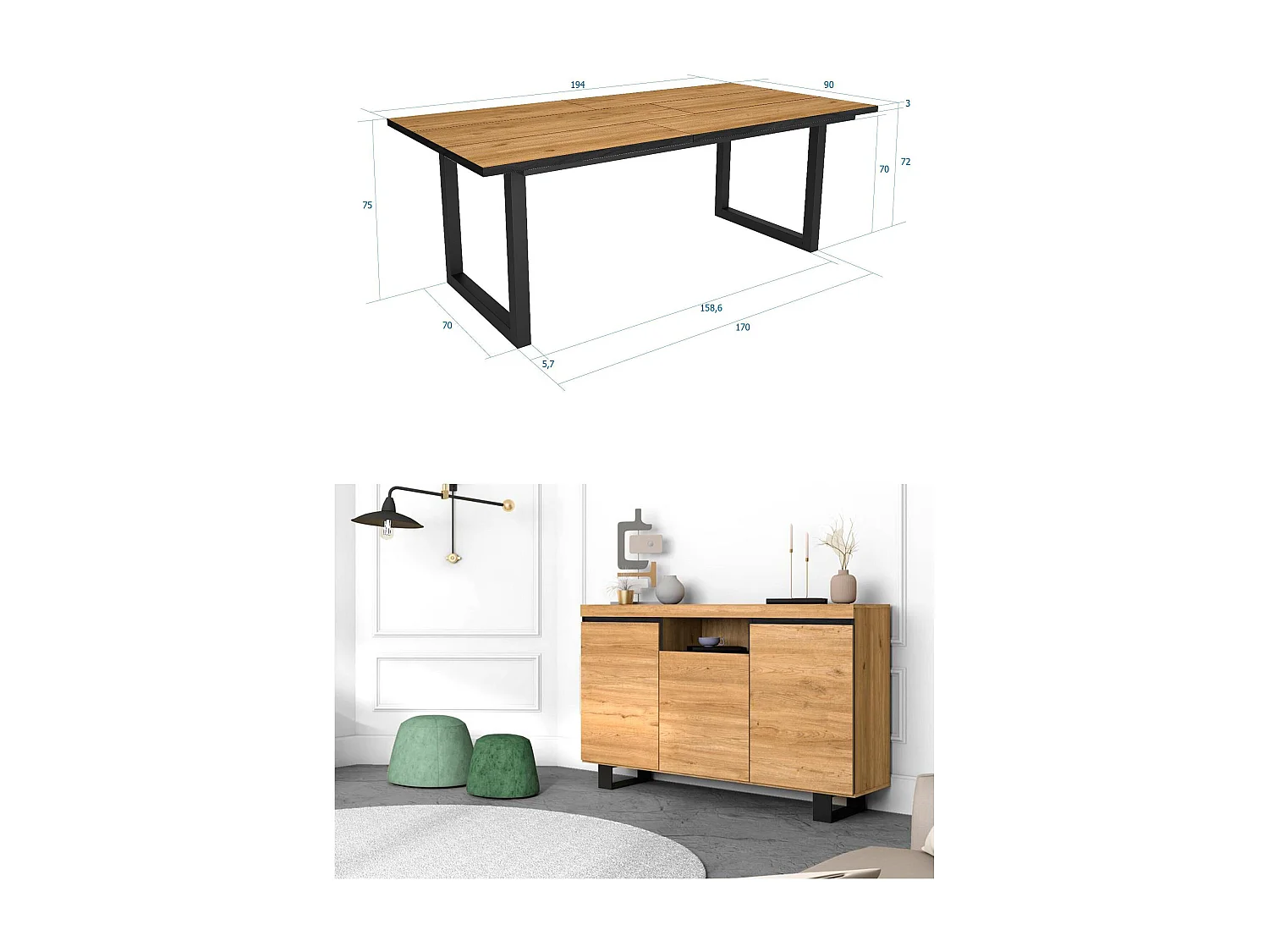 Woonkamermeubelset, Tafel 200 Front Zwart Tafelpoten U 10 gasten, Sideboard / Buffetkast 140 Tall, Eiken en Zwart, Industriële stijl