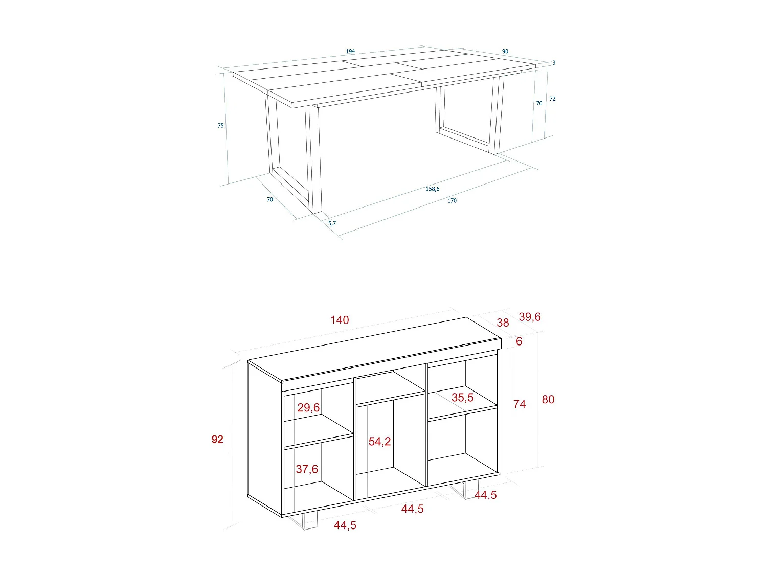 Woonkamermeubelset, Tafel 200 Front Zwart Tafelpoten U 10 gasten, Sideboard / Buffetkast 140 Tall, Eiken en Zwart, Industriële stijl
