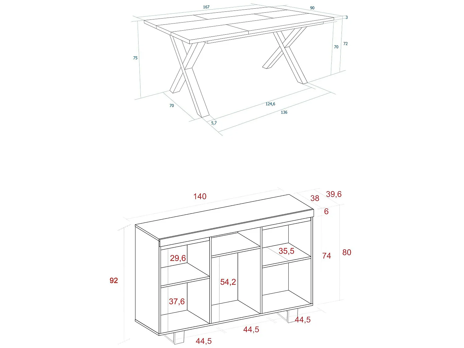 Woonkamermeubelset, Tafel 170 Tafelpoten U 8 gasten, Sideboard / Buffetkast 140 Tall, Eiken en Zwart, Industriële stijl