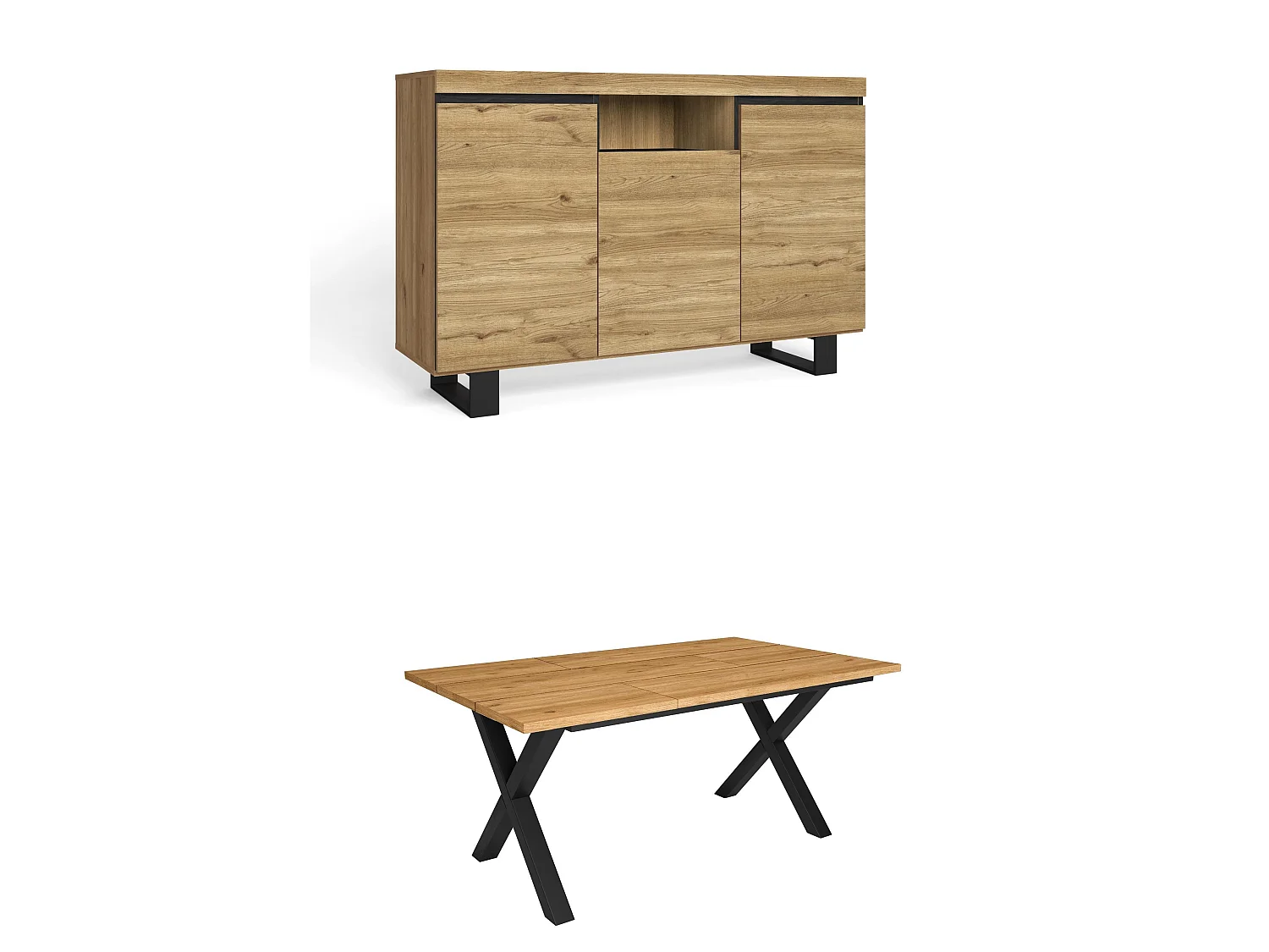 Conjunto muebles salon, Mesa 170 patas X 8 comensales, Aparador / Buffet 140 Tall, Roble y Negro, Estilo Industrial