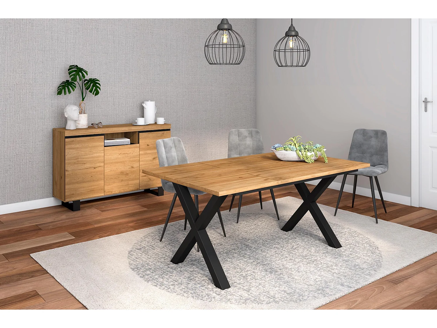 Conjunto muebles salon, Mesa 170 patas X 8 comensales, Aparador / Buffet 140 Tall, Roble y Negro, Estilo Industrial
