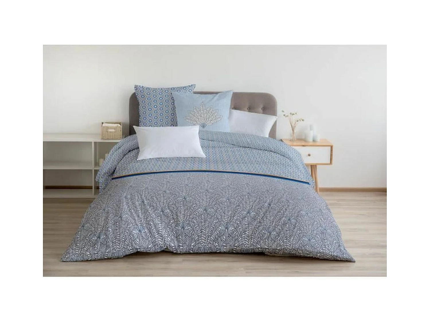 Parure de couette 220 x 240 cm : Housse de couette + 2 taies d'oreiller - 100% Coton - Bleu