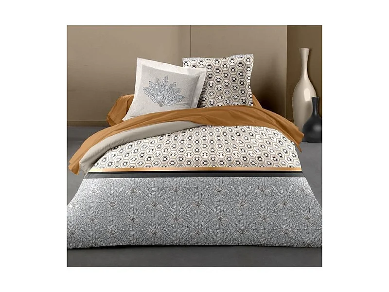 HOME LINGE PASSION Parure de couette Louxor - 1 housse de couette 220 x 240 cm + 2 taies 65 x 65 cm - Ocre et blanc