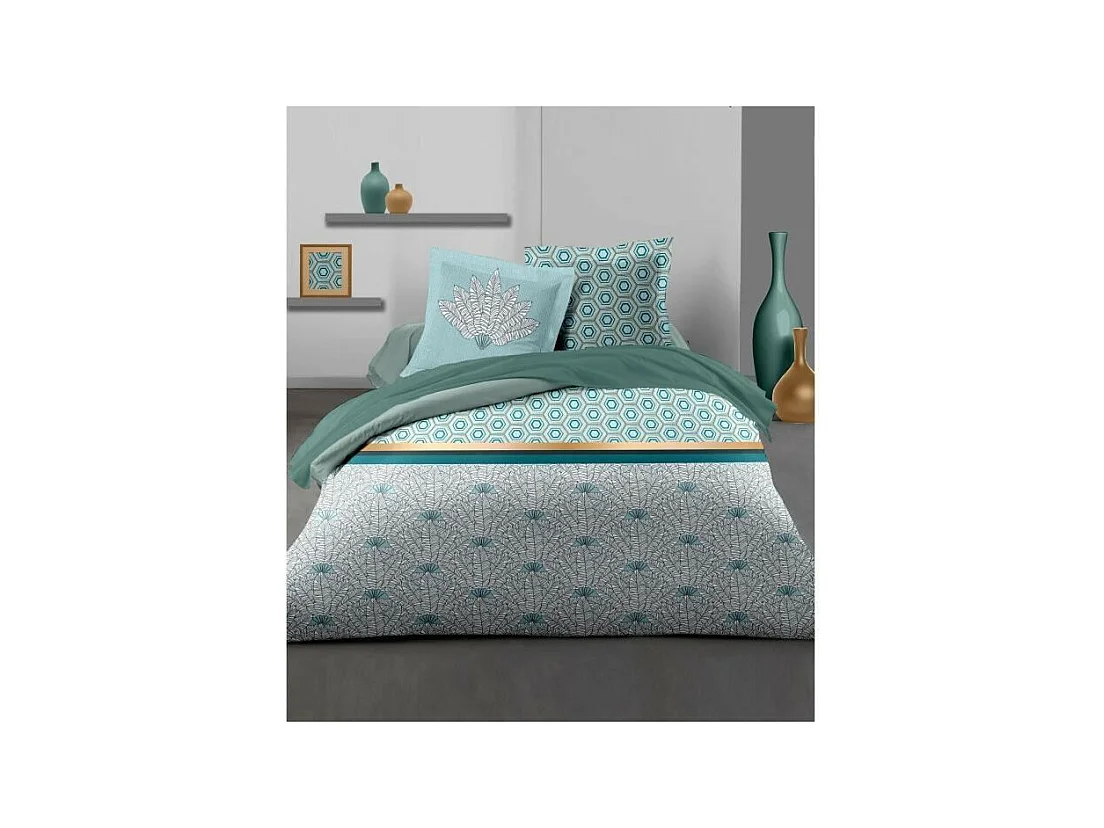 HOME LINGE PASSION Parure de couette Louxor - 1 housse de couette 240 x 260 cm + 2 taies 65 x 65 cm - Vert emeraude et blanc