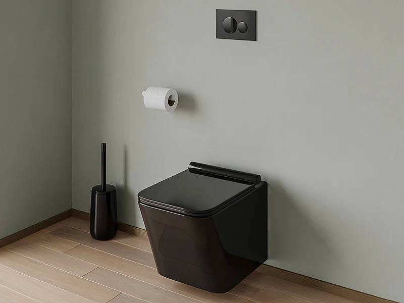 Sparset - Wand-WC - Schwarz glänzende Keramik mit Trägergestell & runder Betätigungsplatte - CLEMONA