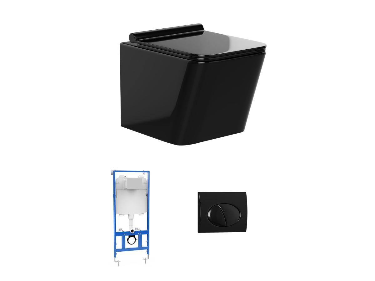 Sparset - Wand-WC - Schwarz glänzende Keramik mit Trägergestell & ovaler Be günstig online kaufen
