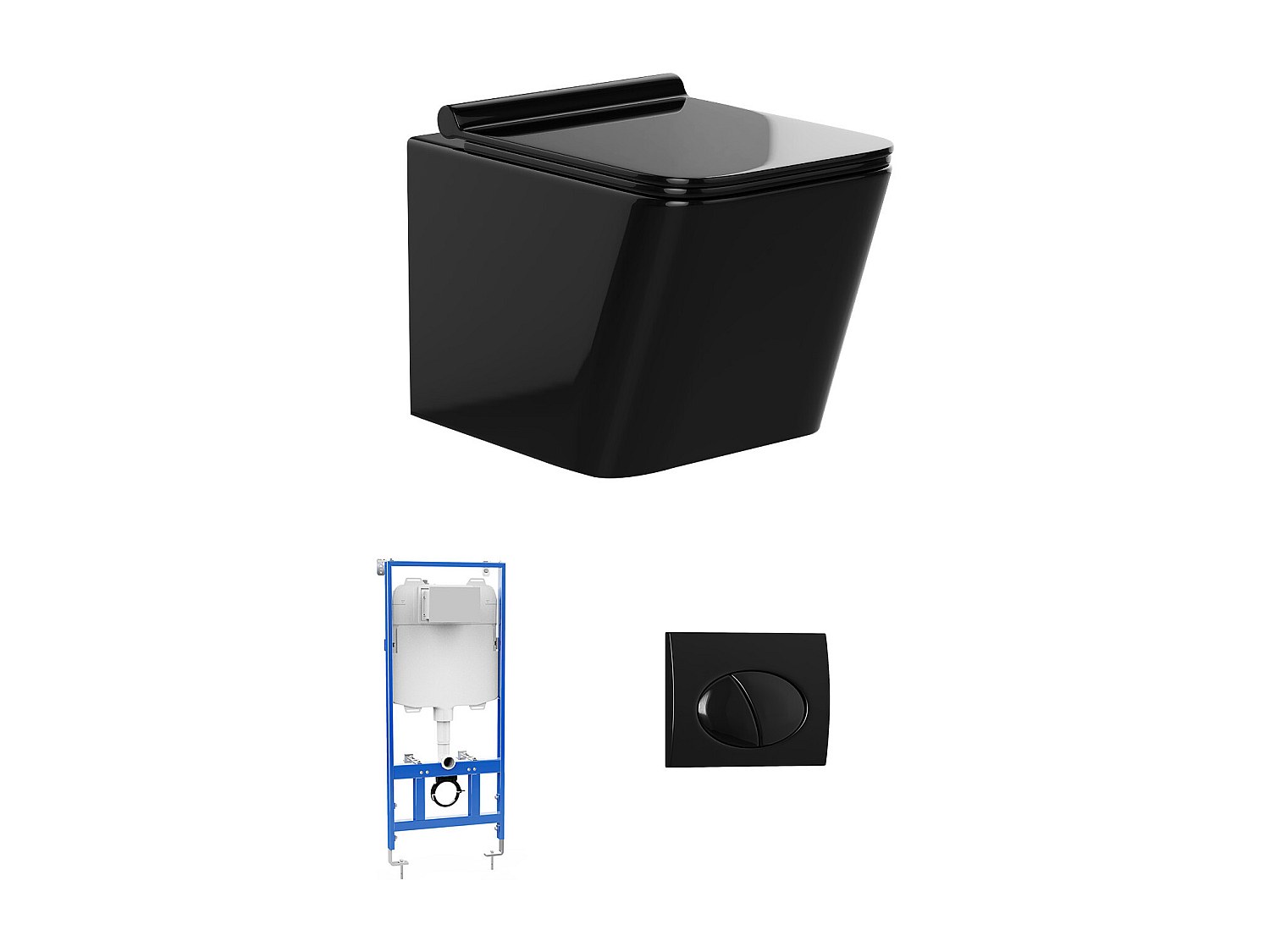 Sparset - Wand-WC - Schwarz glänzende Keramik mit Trägergestell & ovaler Be günstig online kaufen