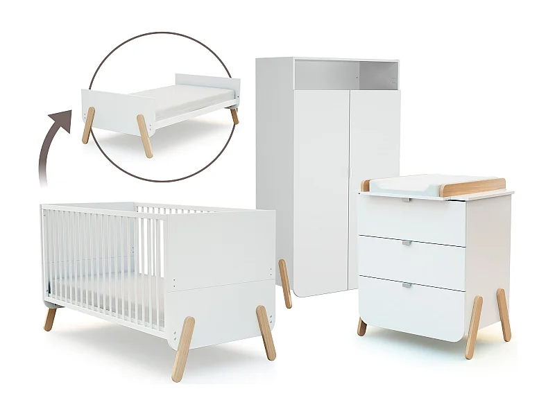 Babyzimmer Bett, Wickelkommode und Schrank PIRATE Holz Weiß und Buche Lackiert 70 x 140