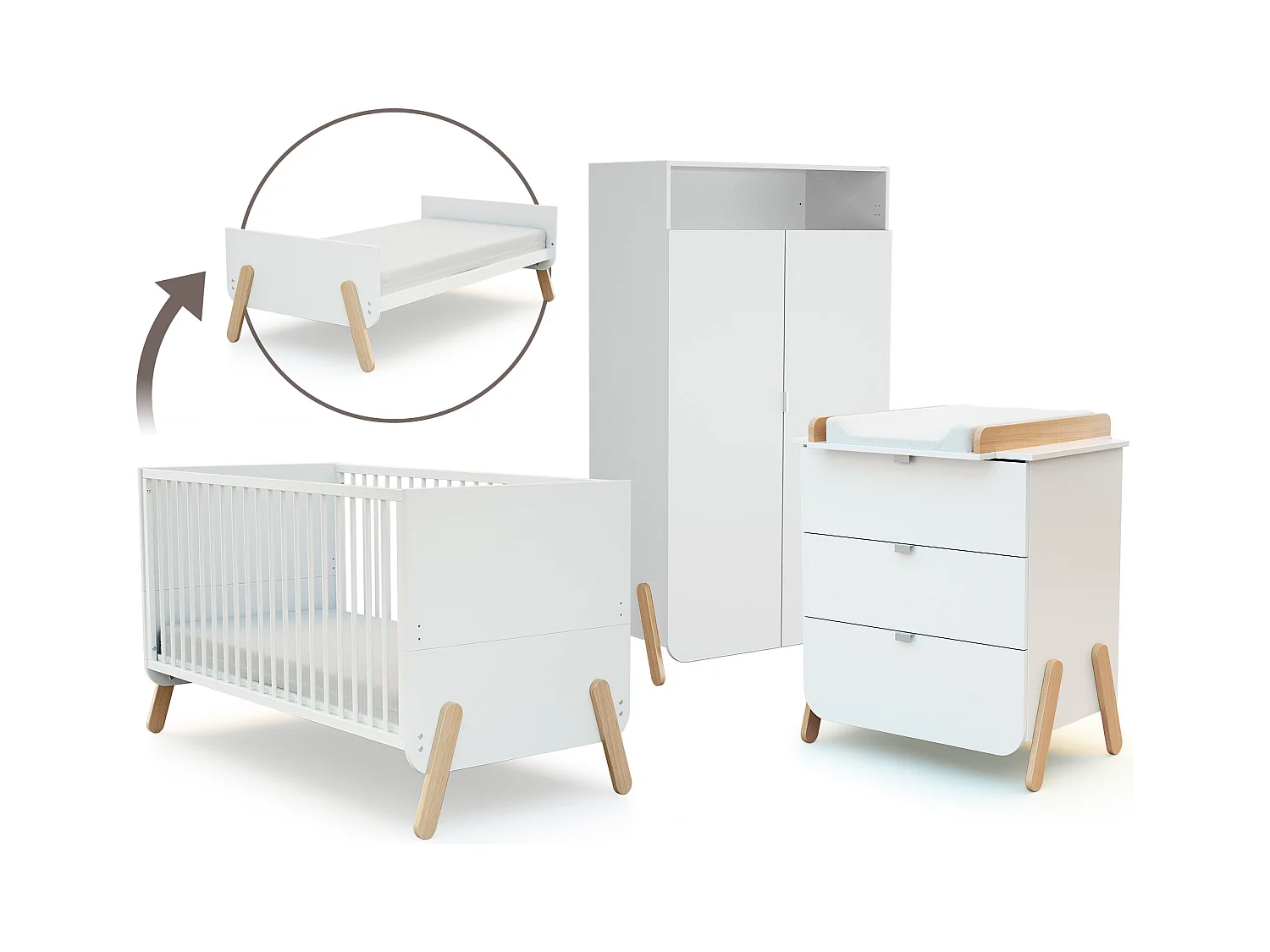 Cameretta completa evolutiva bambini lettino, fasciatoio e armadio PIRATE - Bianca/Faggio natural - 70 x 140