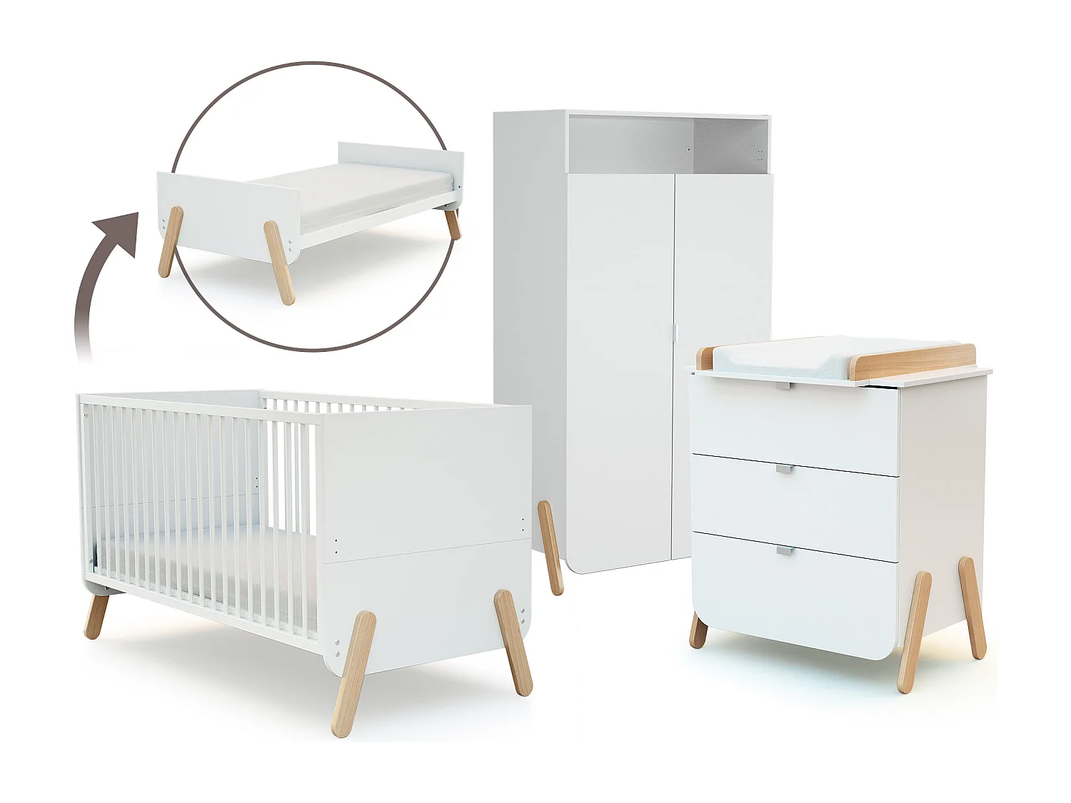 Lit bébé évolutif, commode à langer et armoire Blanc Hêtre Verni